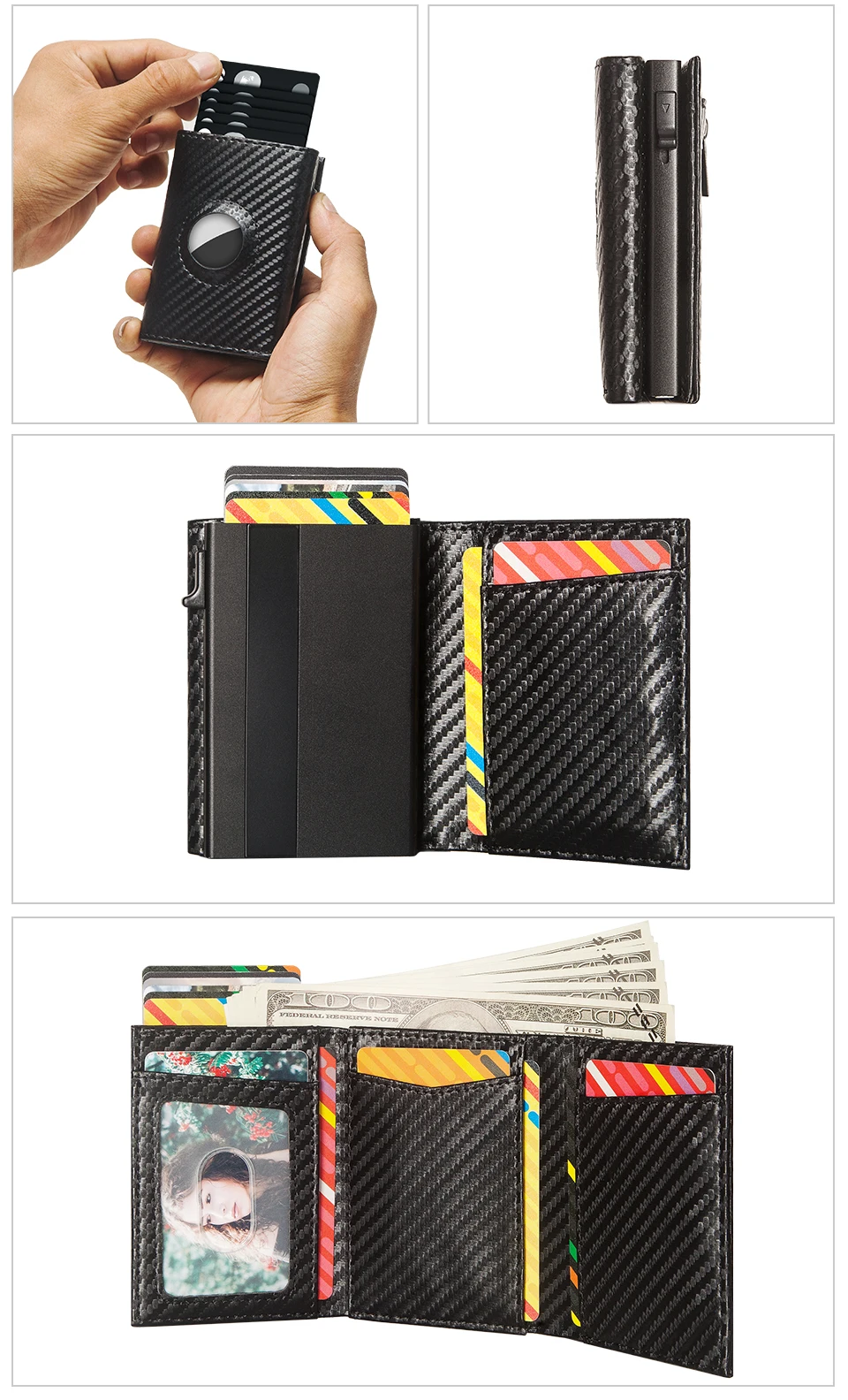 Airtag-Geldbörse für Herren aus Kohlefaser, RFID-Blockierung, Pop-Up-Kartenhalter aus Aluminium, schlanke männliche intelligente Vordertasche mit Banknotenfach – Detail 11