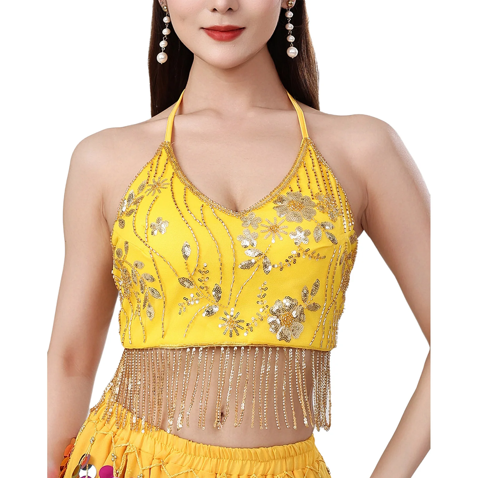 

Women Belly Dance Tops Exquisite Embroidery Glittery Tassel Halter Lace-up Cropped Top for Chacha Salsa Ballroom Dance Costumes