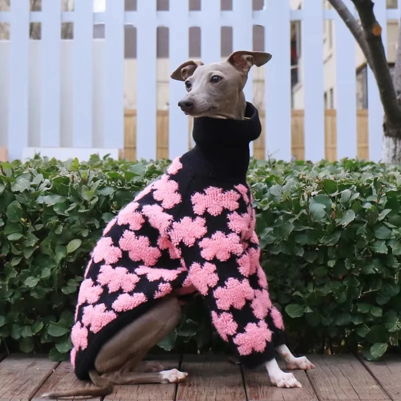 

Italy Greyhound Winter Clothing Rose Pink High-Neck Floral Sweater for Female Dogs Long Sleeves Warm Coat