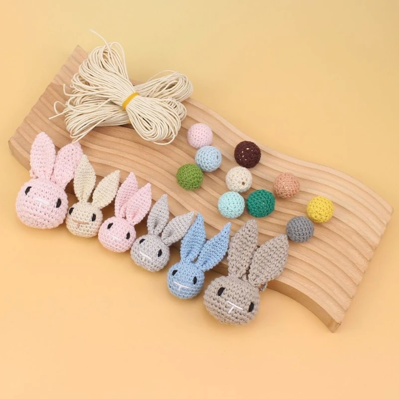 Handmade Crochet Rabbit Elephant Lion Animal Head Knitting Beads DIY Baby Pacifier Chain Chewable Accessories Infant Teether toy