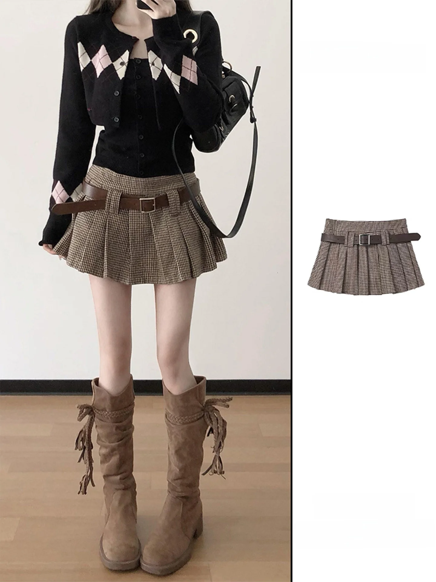

High Waist Plaid A-Line Skirt Women's Spring Autumn Woolen Pleated Half Skirt Retro Style Casual Fit for Young Ladies