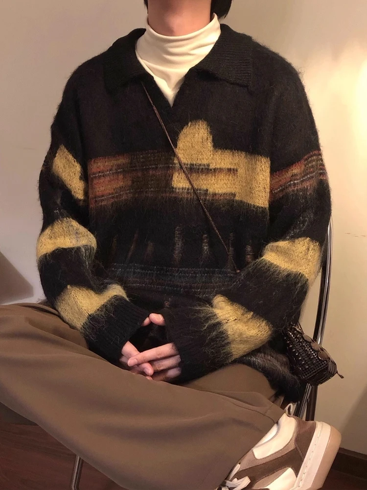 

Американский свитер Oversize Lazy, свободный крой, мужской вязаный воротник, повседневный осенний сезон ex, мягкое полиэфирное волокно