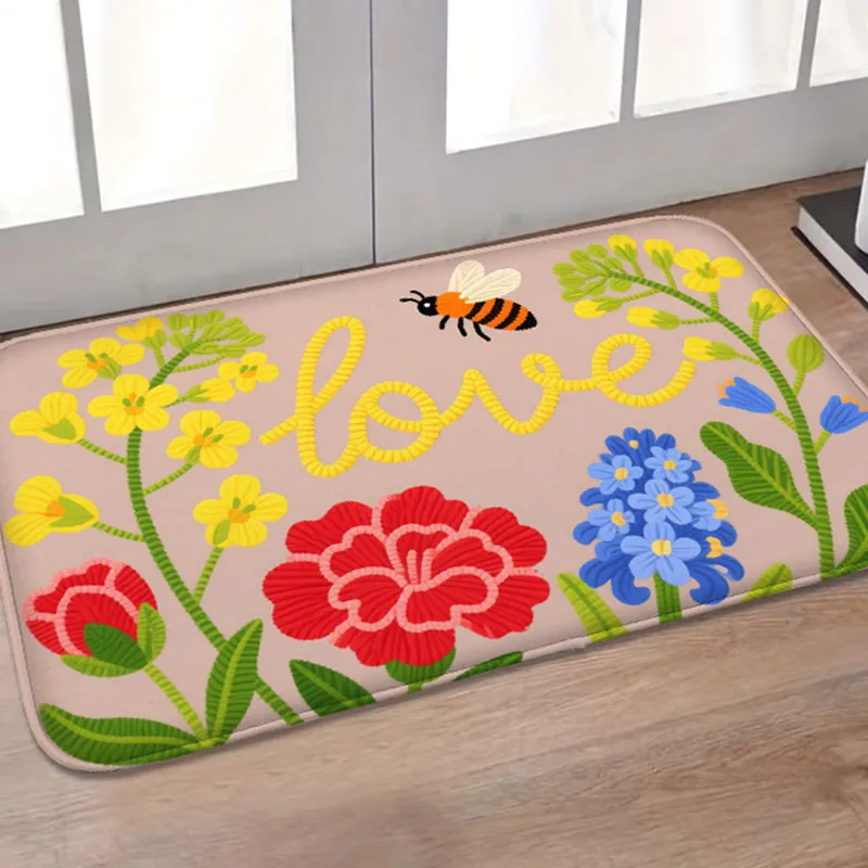 

1pc HelloFlower Butterfly Bee Pattern Flannel Home Floor Mat, Rectangular Bedroom Carpet, Door Mat, Indoor and Outdoor Floor Mat