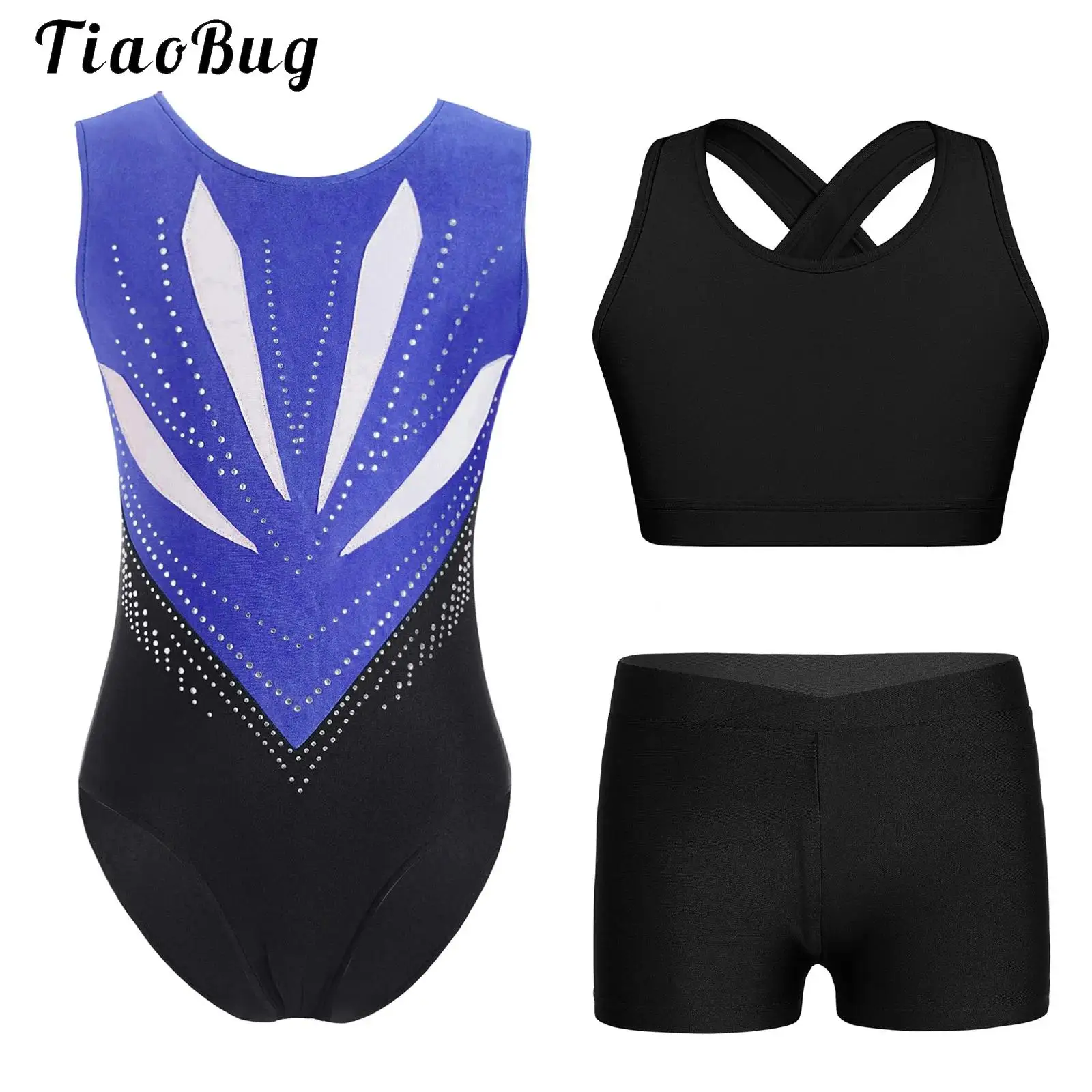 

Kids Girls Sleeveless Ballet Dance Gymnastic Outfit Rhinestones Figure Skating Acrobatics Performance Leotards+Shorts+Crop Vest