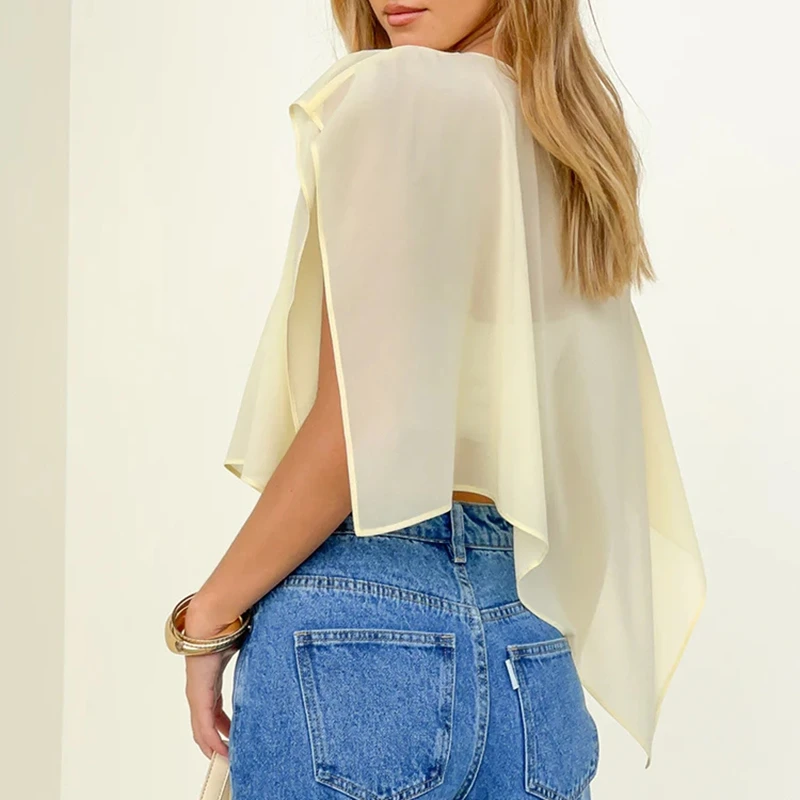 Women's Chiffon Shawl Caplet Sheer Poncho Top Y2k Lightweight See Through Shrug Top Flowy Cape Summer Beach Cover Ups