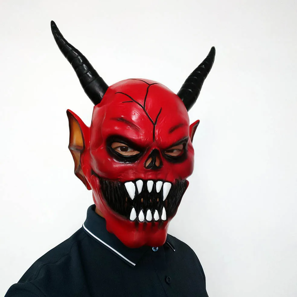 Roter Teufel Dämon Latex Vollkopfmaske für Erwachsene Gruselige Horror-Cosplay-Maske mit Hörnern Halloween-Party Kostüm-Requisiten – Detail 2