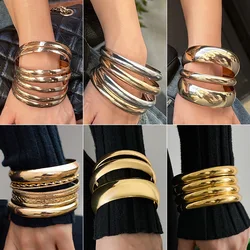 Exaggerated Punk Irregular Wide Cuff Bangle Set for Women Vintage Gold Color Chunky Metal Bracelets Men Hand Jewelry Gift