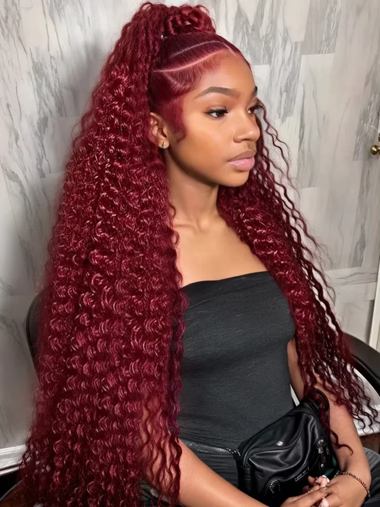 

Бордовый парик 99J, 34 дюйма, бразильские волосы Deep Wave, 13x6 HD Lace Front, из натуральных волос, для женщин, 13x4 Lace Frontal Wig, 5x5 Glueless Closure Wig
