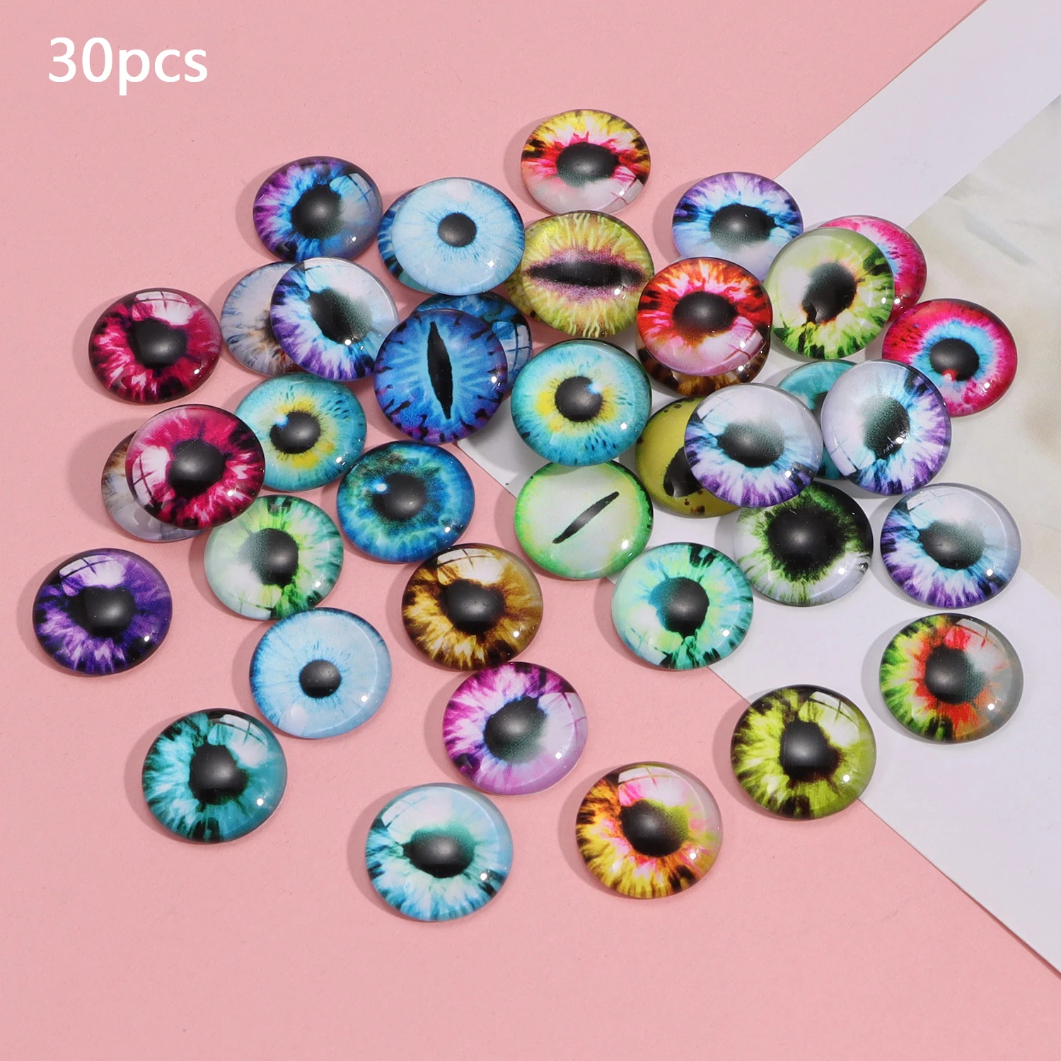 6/8/12/16 mm Puppenaugen, Katzenaugen, Glasaugen, rundes Cabochonauge, gemischt bedruckt, halbrunde Augen, 30 Stück, Mini-Tieraugen für Puppen-Requisiten