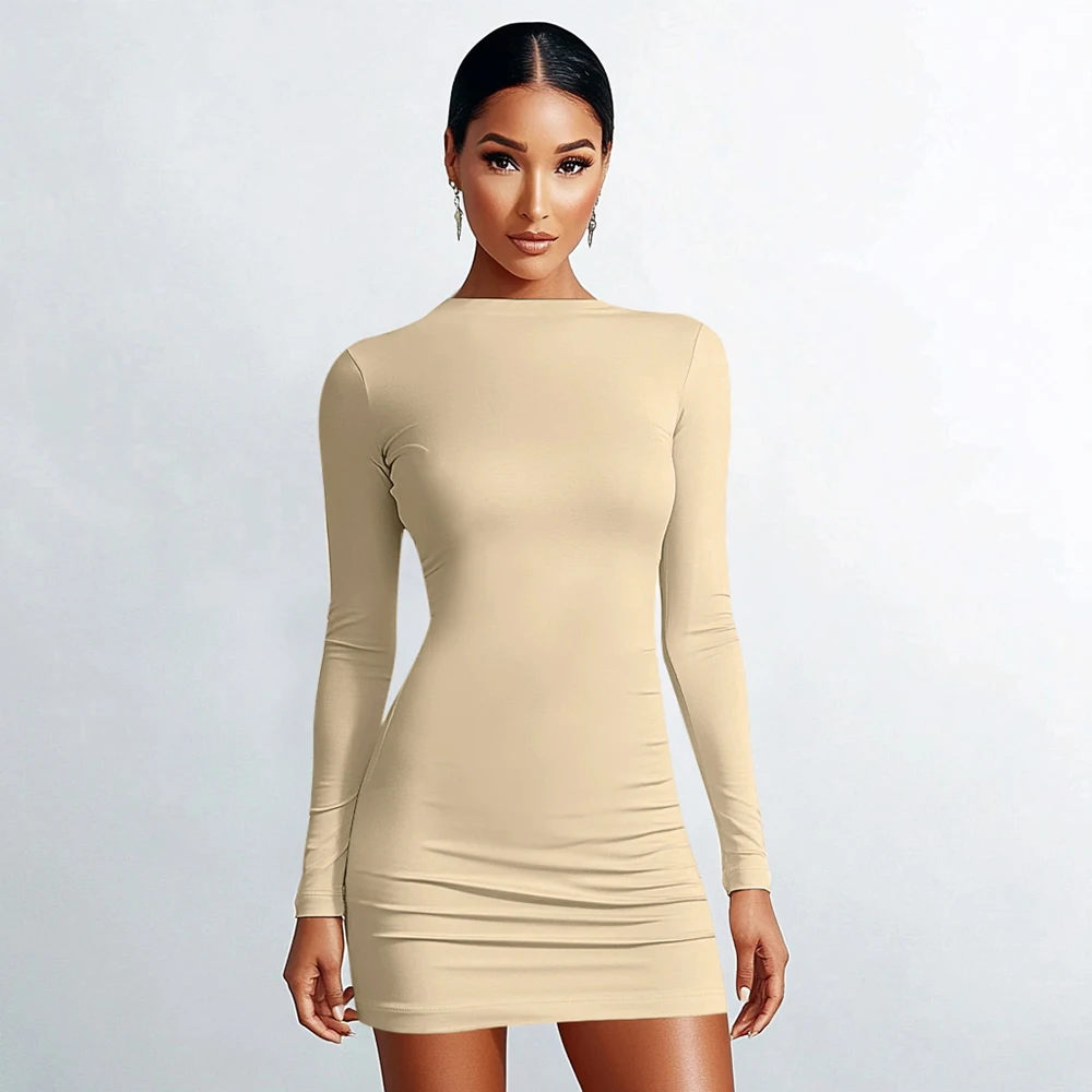 Mia Muse Autumn Winter Women's Dresses Fitting Slim Simple Mock Neck Long Sleeve Rib Knit Mini Dresses