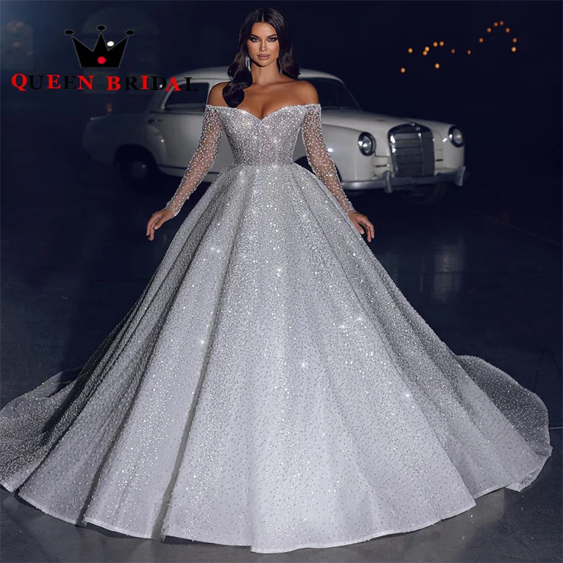 Exquisite Sequined Beading Wedding Dress Glisten V Neck Long Sleeve Off Shoulder Bridal Ball Gown Vestidos De Novia Custom Y70XM