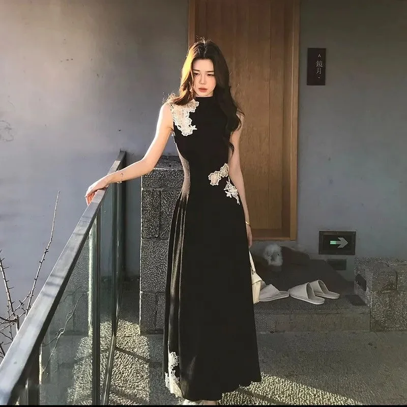 

New Chinese-Style High-Low Back Slitless Lace Embroidered Bodycon Dress with High-Waisted A-Line Black Long Skirt for Summer