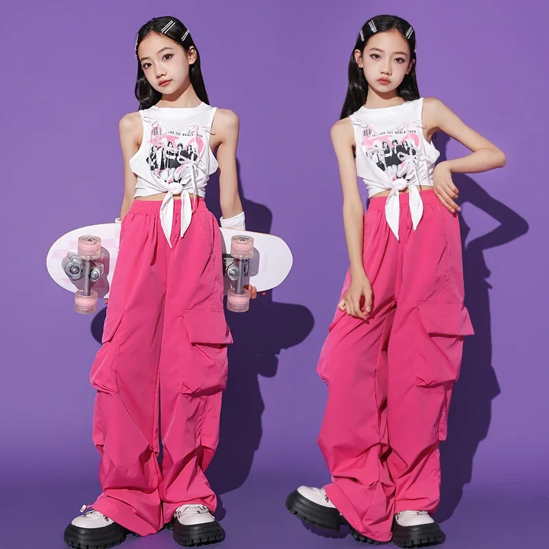 Kids Hip Hop Clothing White Crop Tank Tops with Gloves Rose Pink Casual Cargo Pants for Girl Jazz Dance Costumes Street Clothes