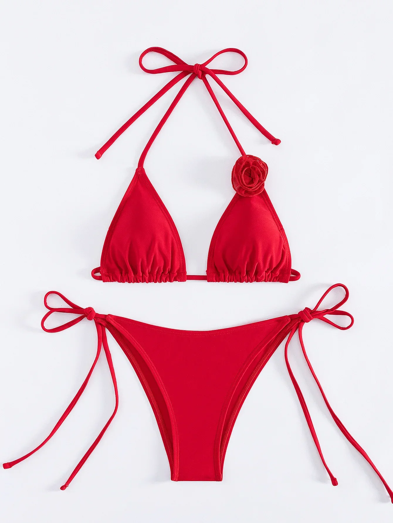 sexy 3D Red flower halter string bikinis sets two pieces tie high waist thong swimsuits swimwear women biquini bathing suits