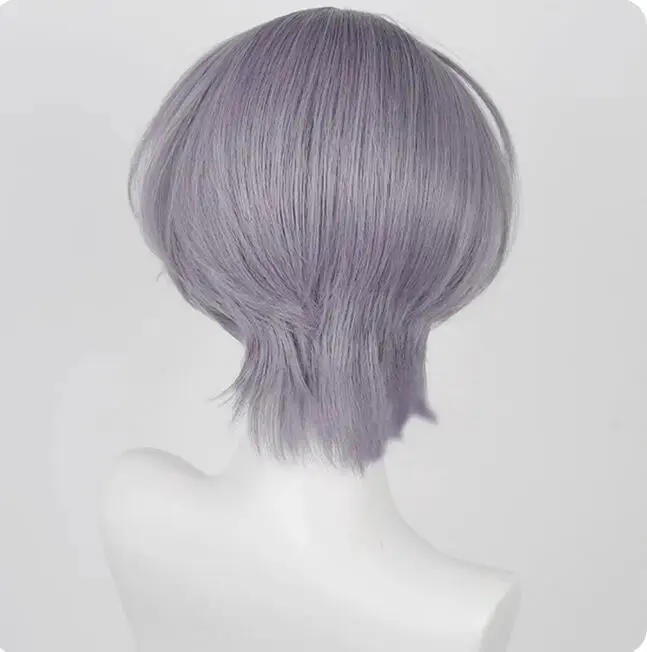 Synthetic Grey Purple Short Straight Wig with Bangs Anime Cosplay Men Heat Resistant Hair Wig for Daily Party