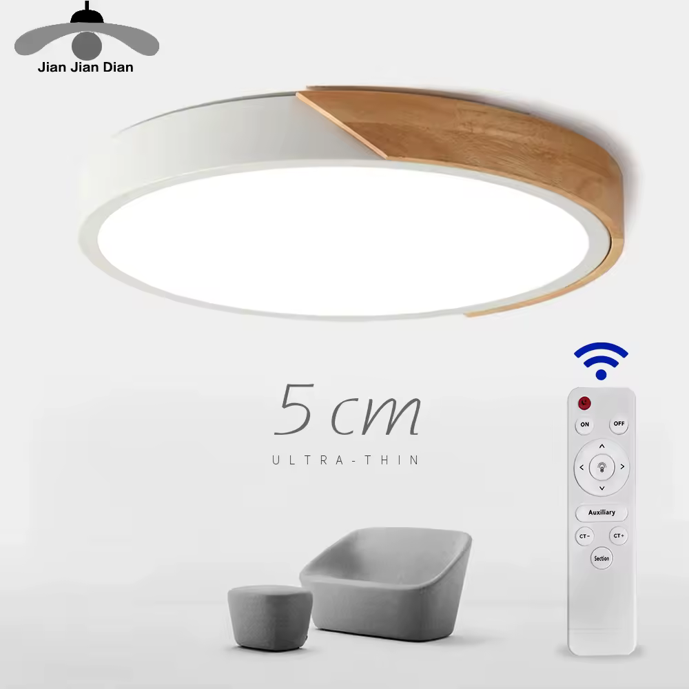 תאורת תקרה מודרנית דקה במיוחד עם תאורת LED, מנורת עץ לחדר המגורים, עיצוב הבית, מרפסת ושלט רחוק