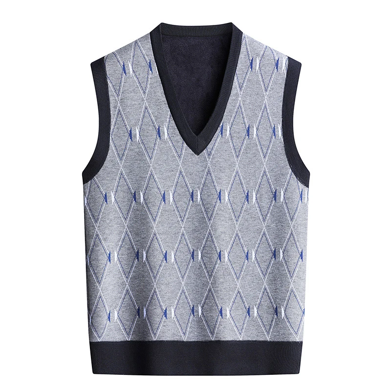 Men‘s V-neck Sweater Vest Autumn Winter Fleece Lining Knit Waistcoat Warm Homme Clothes Korean Fashion Pullover