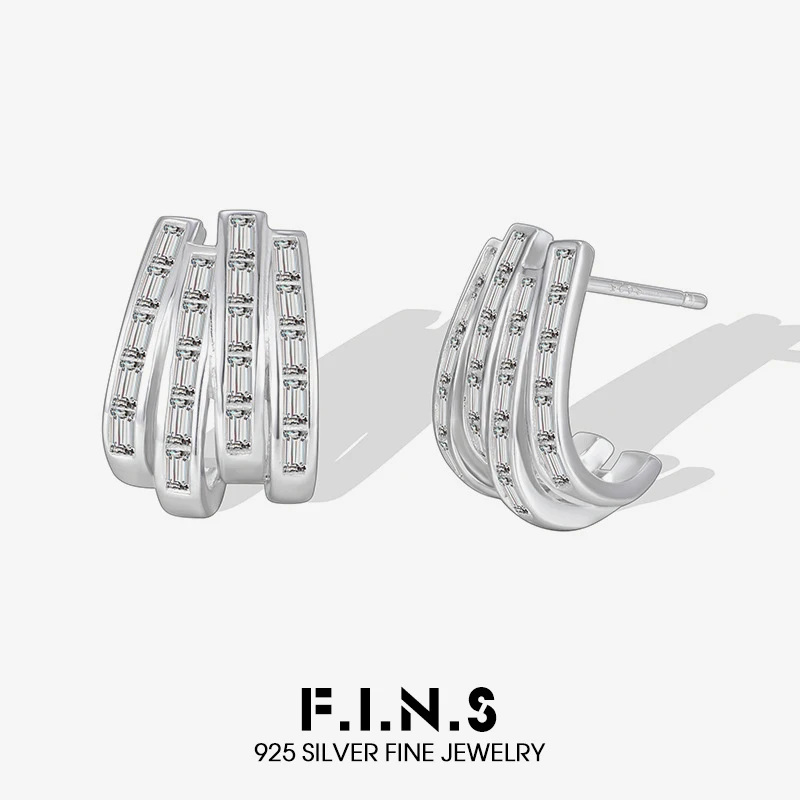 

F.I.N.S серьги из стерлингового серебра 925 пробы с цирконием для женщин, нерегулярные геометрические многорядные серьги-гвоздики для пирсинга, ювелирные изделия, подарки