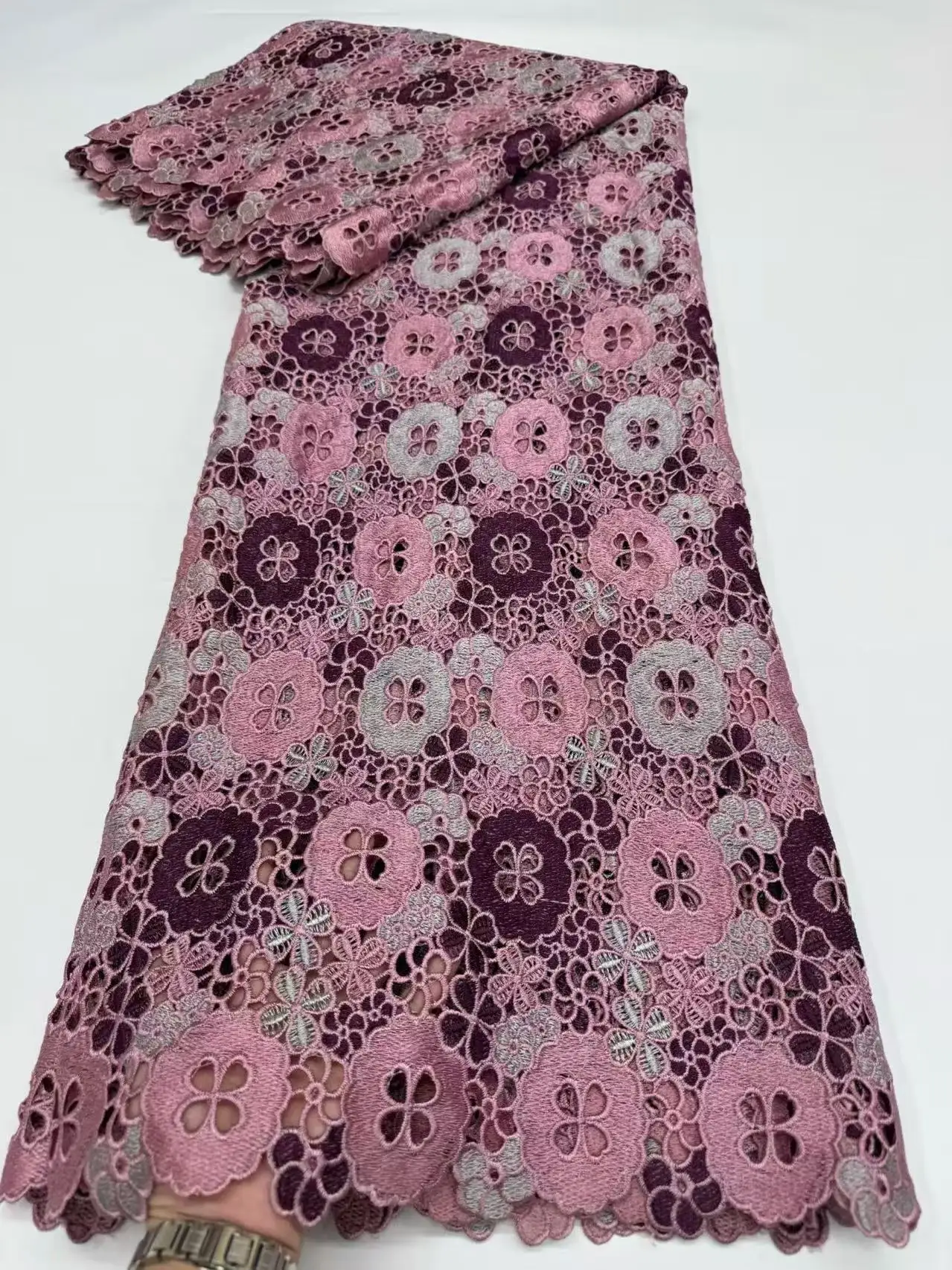 

African Guipure Cord Lace Fabric 2026 High Quality Nigerian Tricolor Water Soluble Lace Stones for Sewing Women Party Dress