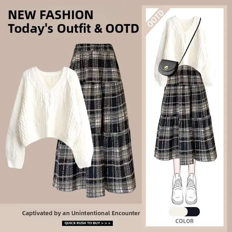 

Faionable Long Sve клетчатая юбка, женский осенний новый комплект с высокой талией, трикотаж и юбка с v-образным вырезом, костюм из двух предметов