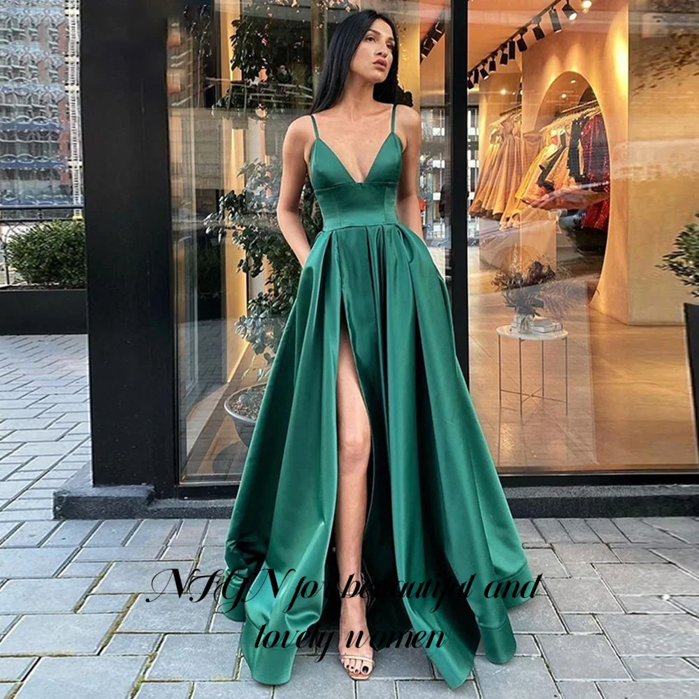 NFYN Sexy V Neck Satin Evening Dresses Spaghetti Strap Side Slit Prom Dress High Waist Evening Gowns Robe De Soiree Customized image 3