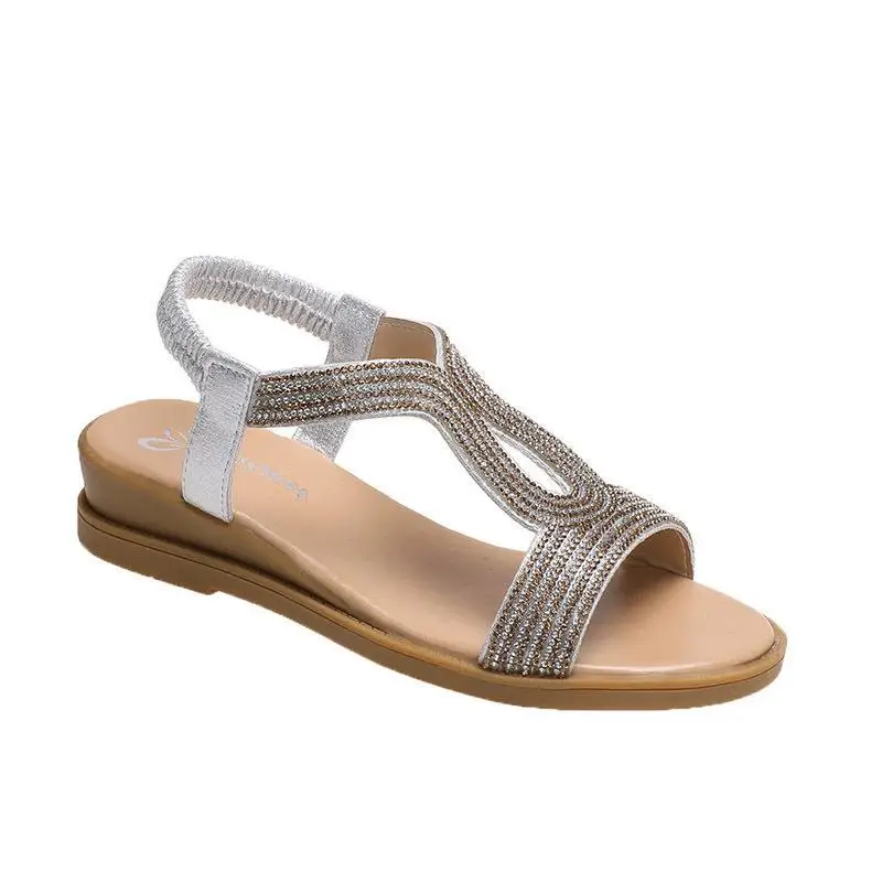 Summer Women Wedges Sandals Crystal Decoration Chunky Heel Peep Toe Back Strap Elastic Band Elegant Fashion Shoes Ladies Size 42