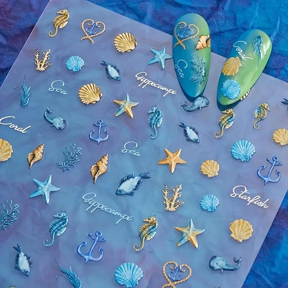 1pc Ocean Nail Art Stickers 5D Summer Starfish Seashell Nail Decals Decoration Y2K Embossed Nail Art Supplies Manicure Slider