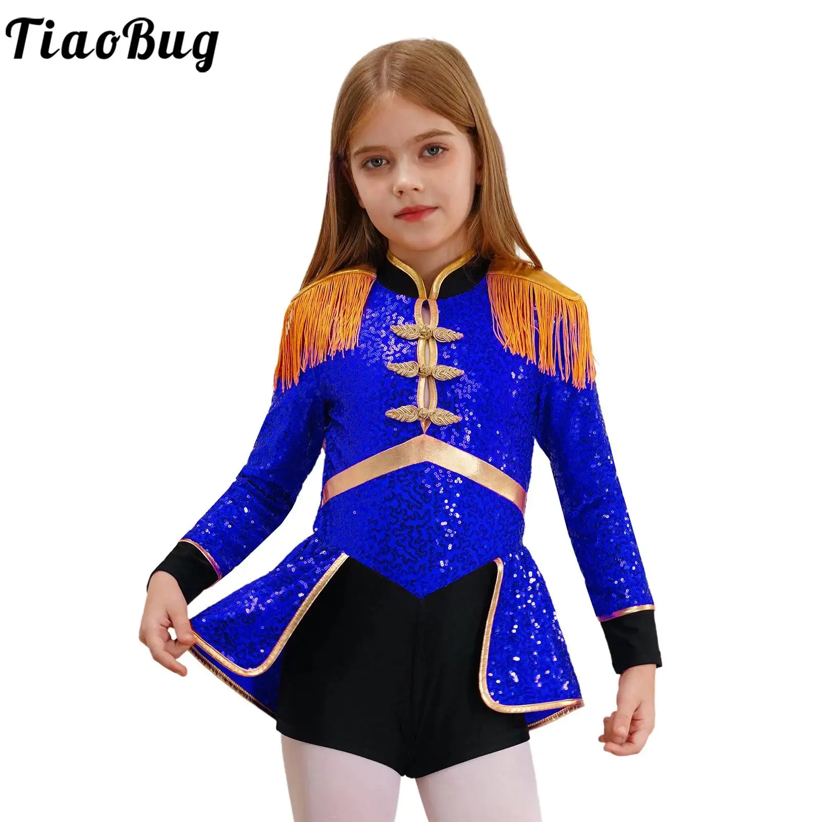 Kids Girls Circus Ringmaster Costume Marching Band Drummer Fancy Dress Up Halloween Carnival Party Shiny Sequins Tassel Leotard