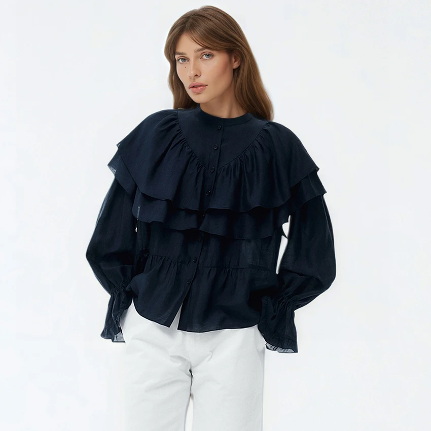 Linad Jesienna Vintage Bluzka z Falbankami Biała Koszula Street Chic Rozkloszowane Rękawy Zapinana na Guziki Elegancka Bluzka Damska z Stójką 2025