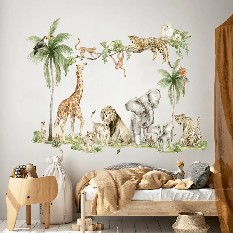 Safari animals wall decal, Nursery wall decal, Jungle animals, Tropical monkey wall stickers, Wall decal for kids, Wild watercol