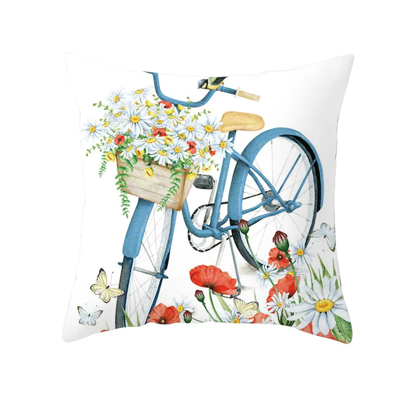 Valentine's Day Bicycle Flower and Grass Print Cushion Cover Home Living Room Sofa Decoration Pillow