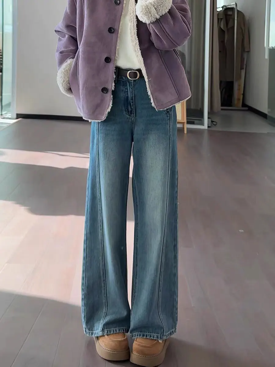 

Синие джинсы в стиле ретро, большие размеры, свободные широкие брюки с высокой талией, утягивающие прямые джинсы для женщин, осенняя одежда