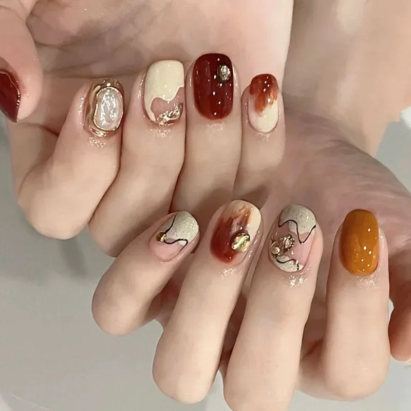 10pc Brown Vintage Short Square Head Fake Nail Gradient Baroque Gold Stamping Pearl Press on Nails Full Cover Wearable Nails Tip