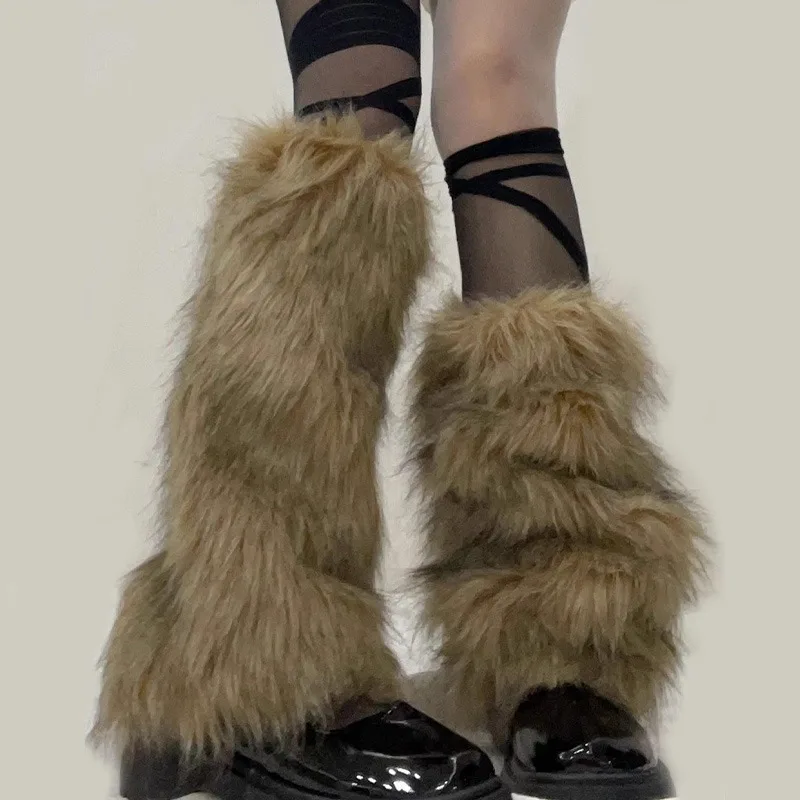 Gothic Punk Black White Gray Imitation Wolf Fur Leg Warmers Y2k Winter Warm JK Furry Boots Socks Jk Knee-length Hiphop Stockings