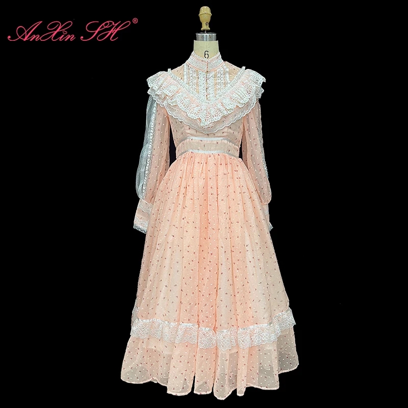

AnXin SH princess orange flower illusion ruffles lace handmade high neck long sleeve zipper party customize evening dress
