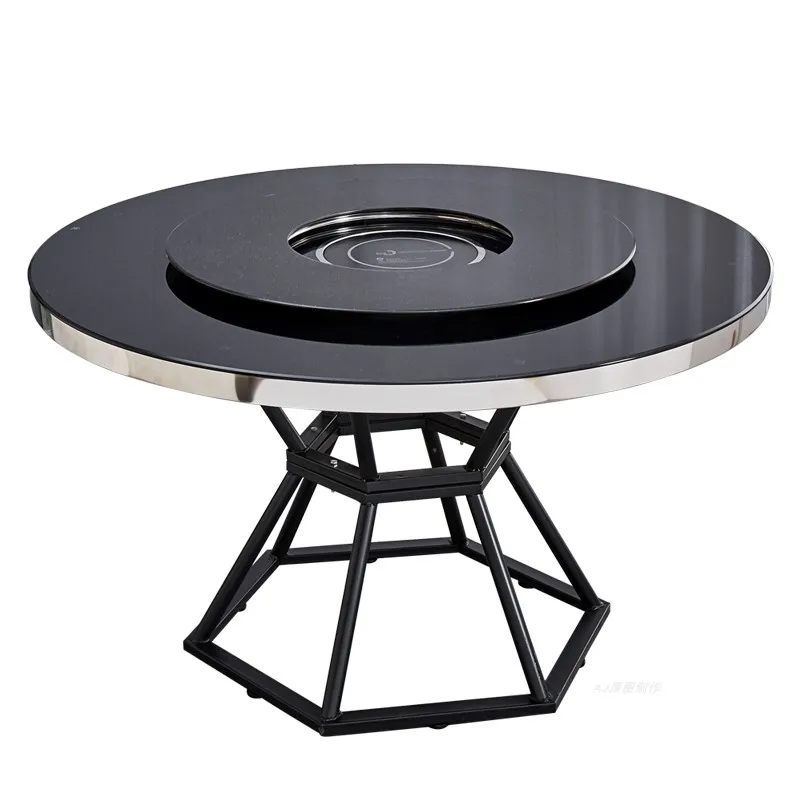 Hot pot round dining table, household and commercial dining table, small apartment tempered glass induction cooker integrated