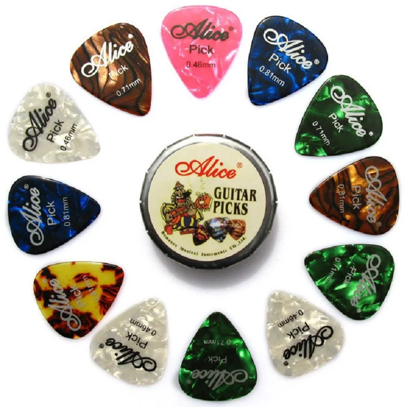 12PCS Alice Guitar Picks and 1 Metal Tin Box Accessories Acoustic Electric Guitar Picks 0.46 0.71 0.81mm