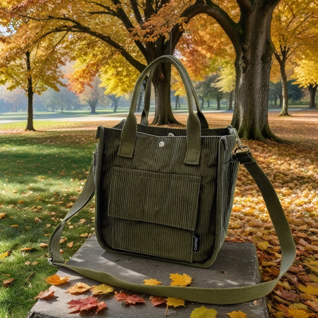 Corduroy Messenger Bag with Water Bottle Holder-Corduroy Messenger Bag with Detachable Strap-Corduroy Mini Messenger Bag