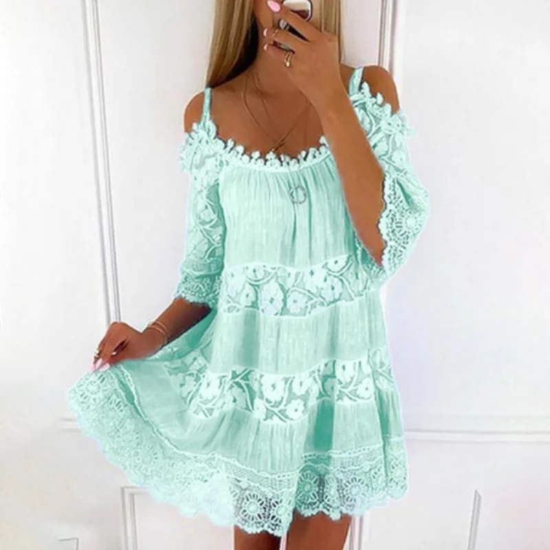 Letnie koronkowe sukienki damskie 2024 Moda Sลodka mini sukienka z krรณtkim rฤkawem Sukienki midi z odkrytymi ramionami Vestidos