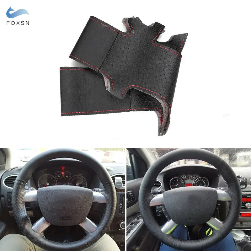 For Ford Kuga Focus 2 C-MAX 2007 2008 2009 2010 Hand-stitched Car Steering Wheel Leather Cover Trim Interior Accessories