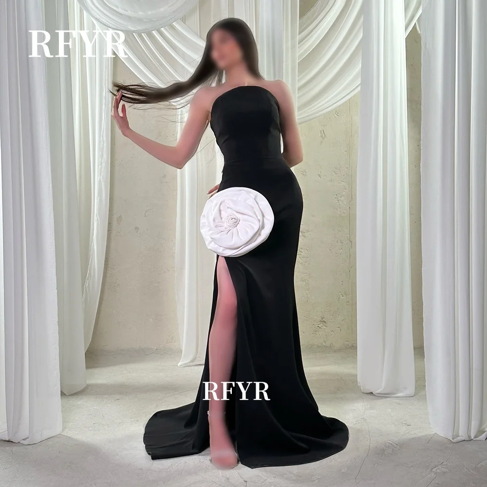 

RFYR Strapless Prom Dress with 3D Flowers Mermaid Evening Party Dress Crepe Princess Gala Dress for Arabic Women Customized