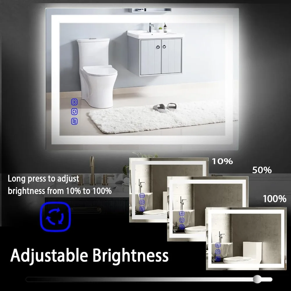 مرآة حمام ذكية مضيئة بإضاءة LED، شاشة لمس مثبتة على الحائط مقاس 36 × 24، مرآة زينة قابلة للتعتيم مع تعديل ضوء بدون خطوات