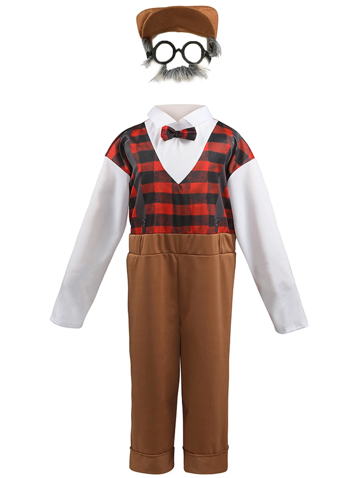 

Kids 4 Piece Grandpa Cosplay Set Old Man Jumpsuit Hat Glasses Fake Beard Dress Up for Halloween 100 Days of School Party