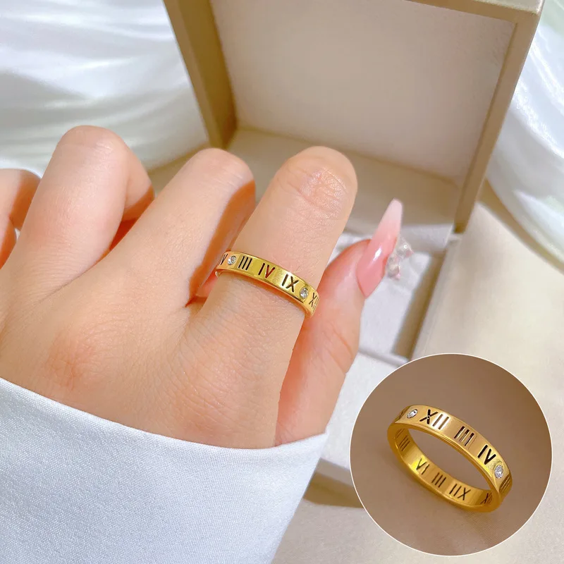 Lucky99 Trendy Hollow Out Roman Numerals Finger Rings Fashion Women Gold Color Titanium Steel Ring  Jewelry Gift