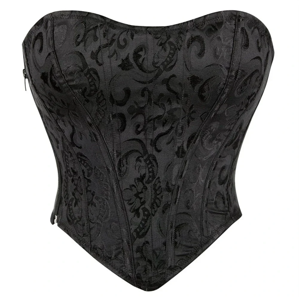 Plus Size Black Brocade Women's Sexy Strapless Lace Up Boned Bustier Side Zip Corset Bodyshaper Crop Top