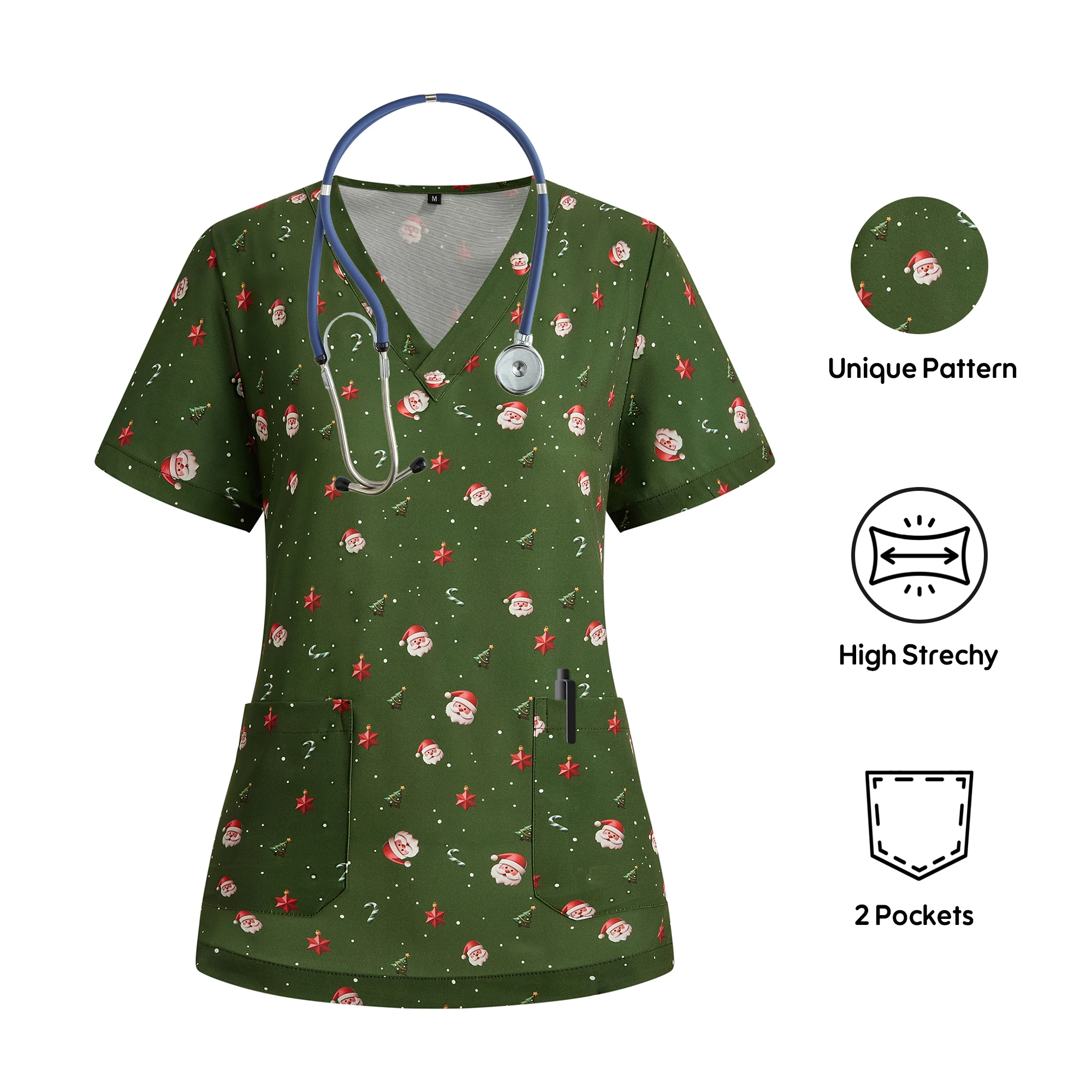 【クリスマス】女性用スクラブトップ グリーン 3D サンタクロースプリント ホリデーワークウェア 看護師 医師 歯科医 外科用漫画ユニフォーム