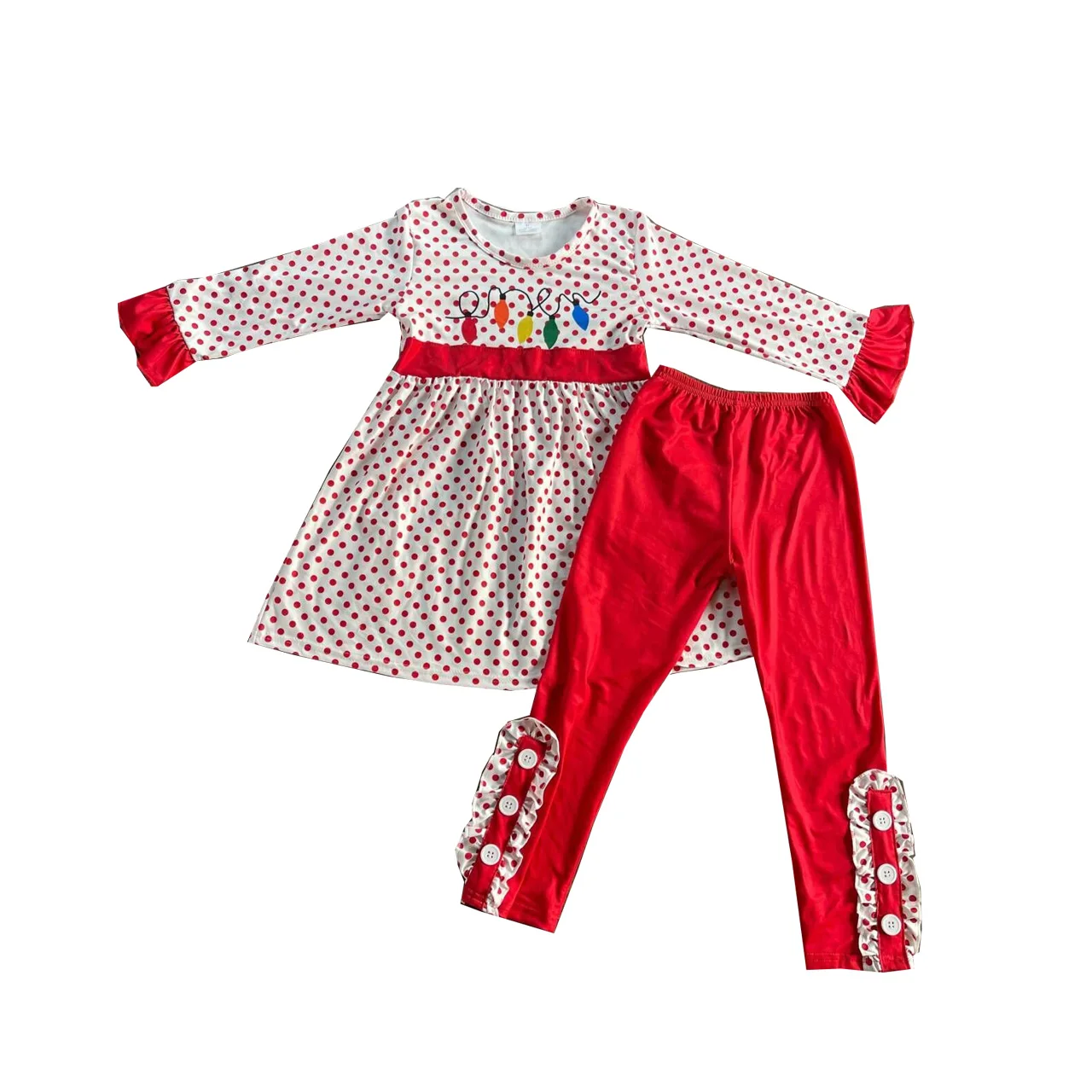 

Wholesale Christmas Outfits Girls Clothes Long Sleeves Light Dot Tunic Pants Sets With Boys Set