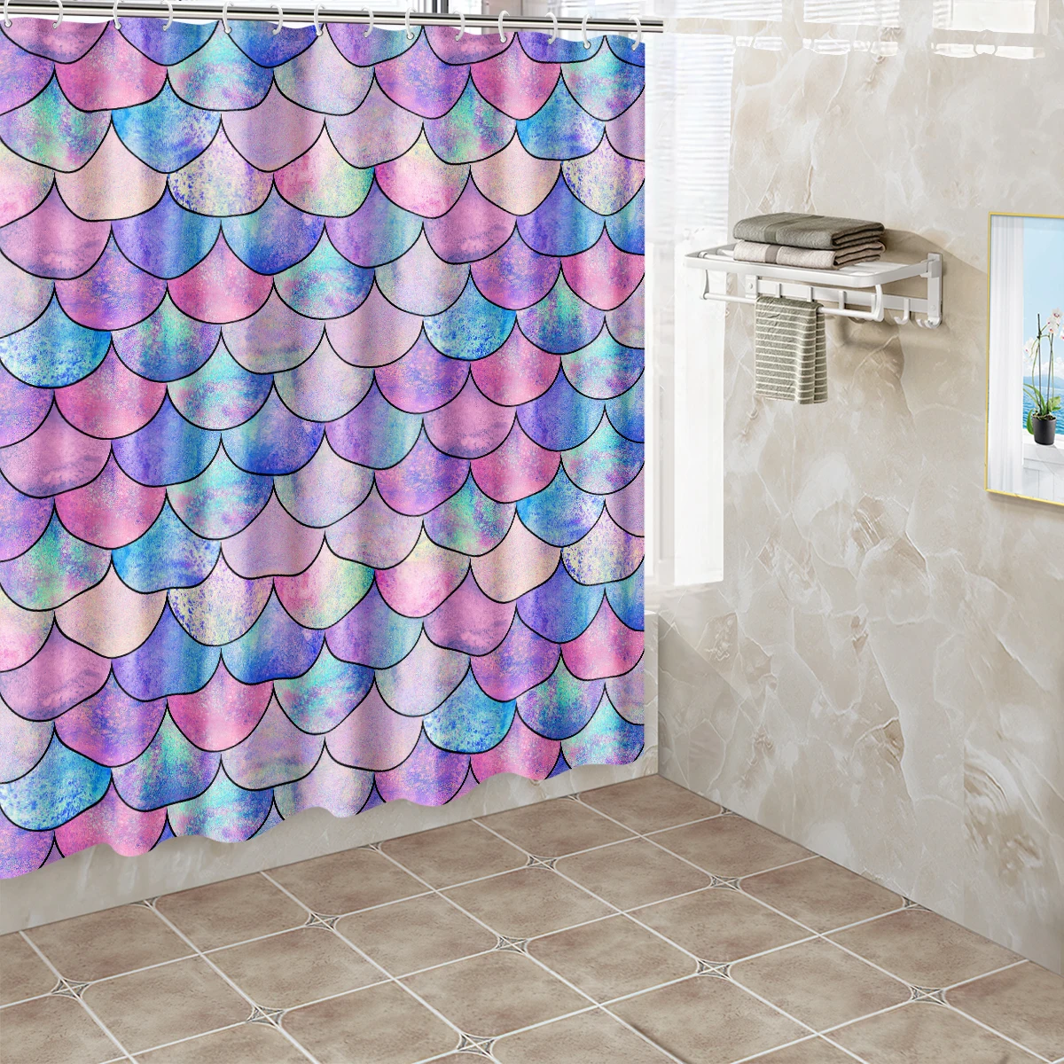 1pc Mermaid Scales Shower Curtain Bathroom Partition Decorative Curtain Machine Washable Colorful Print Window Privacy Curtain