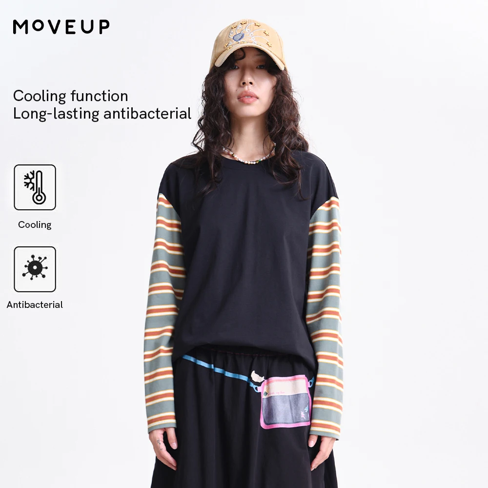 MOVEUP Women's Cropped Long Sleeve Top 2026 Spring New Fashion Crew Neck Color Contrast Stripe Casual Oversize T-shirt 3ELC10514