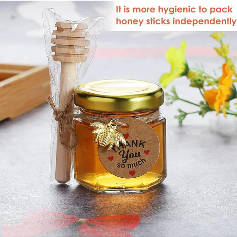 30/60Pcs 1.5oz Honey Jars Custom Wooden Dipper Hexagon Glass Mason Jars Jute For Wedding Hang tags-Baby Shower Party Favors